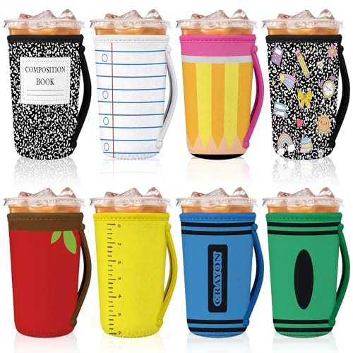 SiliFine 8 Pcs Teacher Graduation Gifts Reusable Iced Coffee Sleeves Bulk End of Year Teacher Gift Durable Drink Sleeve for Iced Hot Drinks Cold Beverage Cooler CompatiblePattern - Image 1