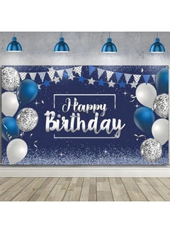 Happy Birthday Decorations Backdrop, Glitter Birthday Backdrop Sign, Happy Birthday Banner, Birthday Party Supplies Photo Background for Children Men Women, 72.8 x 43.3 Inch (Silver and Navy Blue)