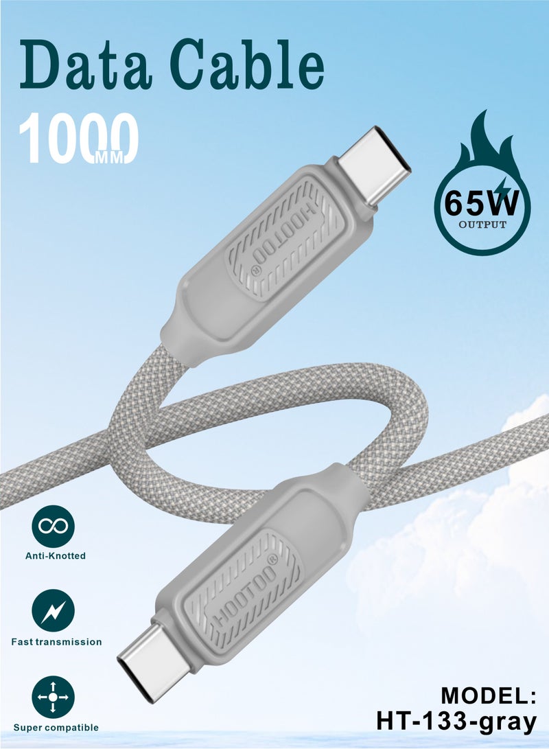 هوتو كيبل شاحن ونقل بيانات تايب سي الى تايب سي قماشي. سلك شاحن تايب سي بقوة 65 واط. سلك تايب سي قوي ضد القطع. سلك تايب سي طويل بطول 1 متر. شاحن ايفون، سامسونج، هواوي، شومي وغيره من الاجهزة. - Image 2