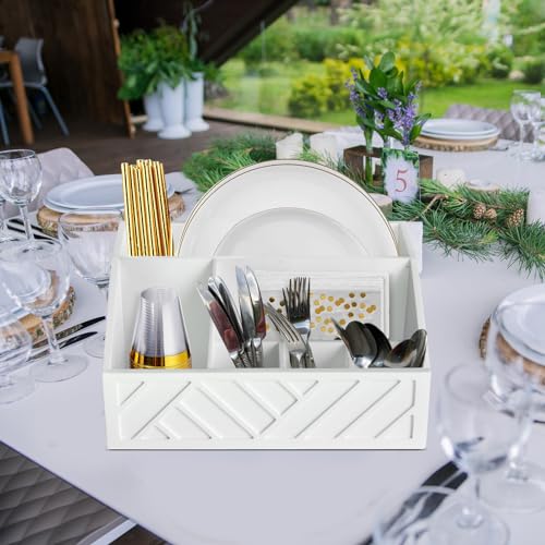 Ukonvi Paper Plate Dispenser, Paper Plate Holder for Kitchen Counter, Wood Rustic Silverware Utensil Caddy, Cutlery Flatware Organizer Box for Cups Spoons Forks Plates Napkins, Kitchen Accessories (White) - Image 3