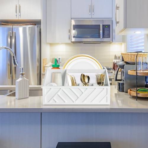 Ukonvi Paper Plate Dispenser, Paper Plate Holder for Kitchen Counter, Wood Rustic Silverware Utensil Caddy, Cutlery Flatware Organizer Box for Cups Spoons Forks Plates Napkins, Kitchen Accessories (White) - Image 5