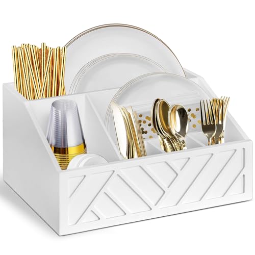 Ukonvi Paper Plate Dispenser, Paper Plate Holder for Kitchen Counter, Wood Rustic Silverware Utensil Caddy, Cutlery Flatware Organizer Box for Cups Spoons Forks Plates Napkins, Kitchen Accessories (White) - Image 1