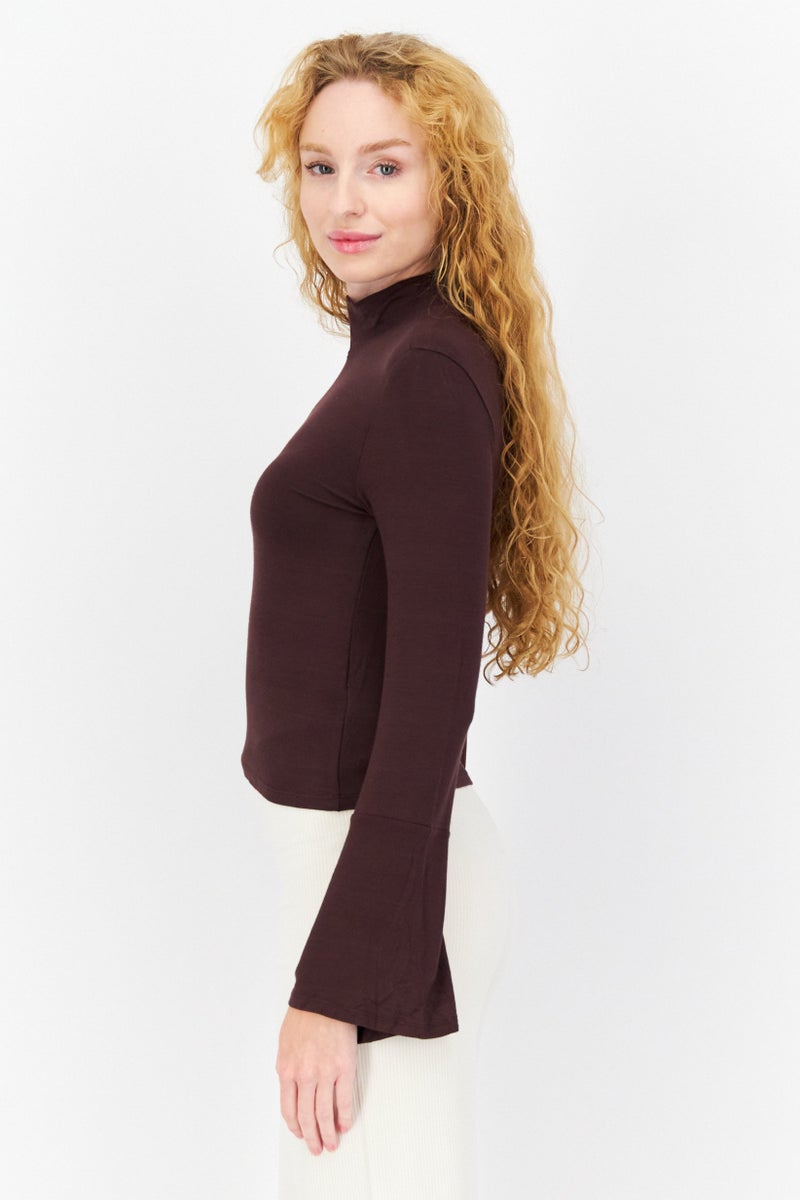 Sinsay Women Mock Neck Bell Sleeve Solid Top, Dark Brown  - Image 2
