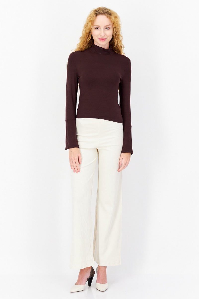 Sinsay Women Mock Neck Bell Sleeve Solid Top, Dark Brown  - Image 3