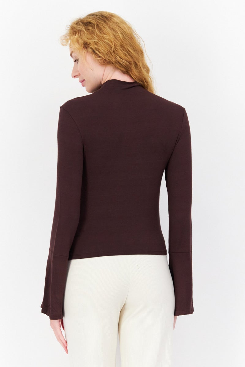 Sinsay Women Mock Neck Bell Sleeve Solid Top, Dark Brown  - Image 4