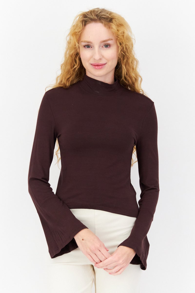 Sinsay Women Mock Neck Bell Sleeve Solid Top, Dark Brown  - Image 1