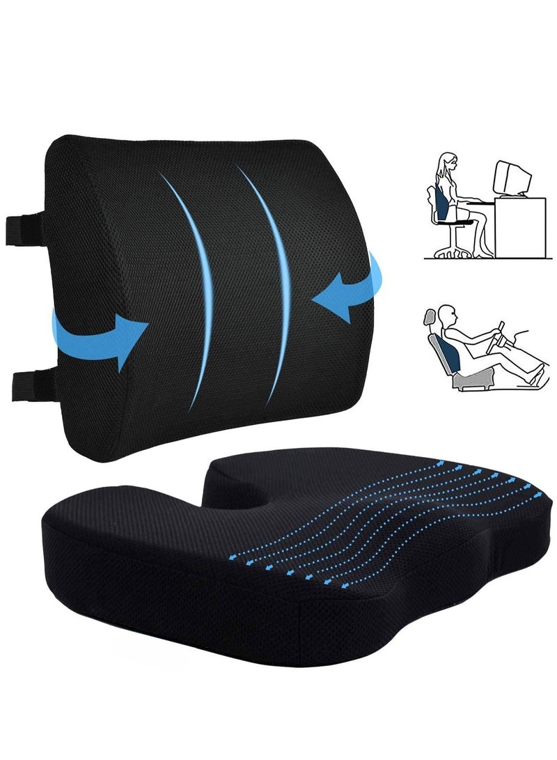 Seat Cushion for Office Chair Gaming Chair Memory Foam Seat Cushion and Lumbar Support Pillow 3D Breathable Mesh Lumbar Support for Wheelchair Home Car Back Pillows