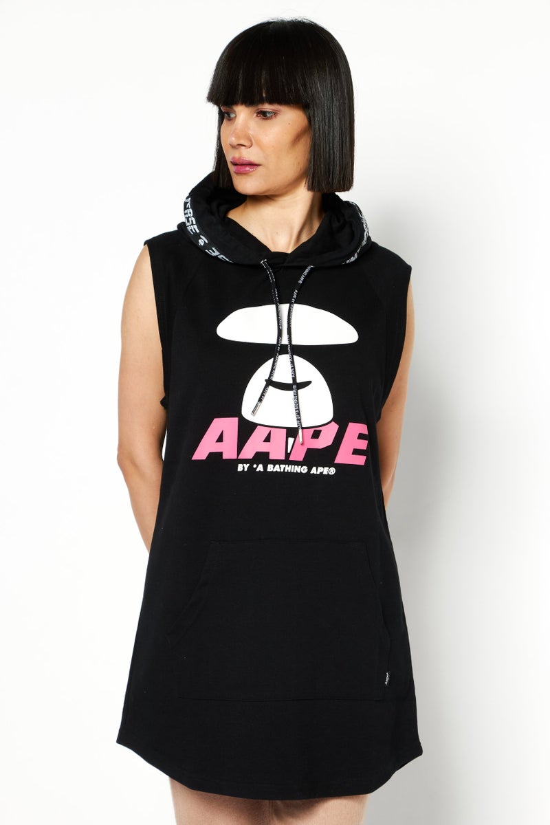 Aape By A Bathing Ape سويت شيرت بلا أكمام بغطاء رأس لطباعة جرافيك نسائي، أسود - Image 1