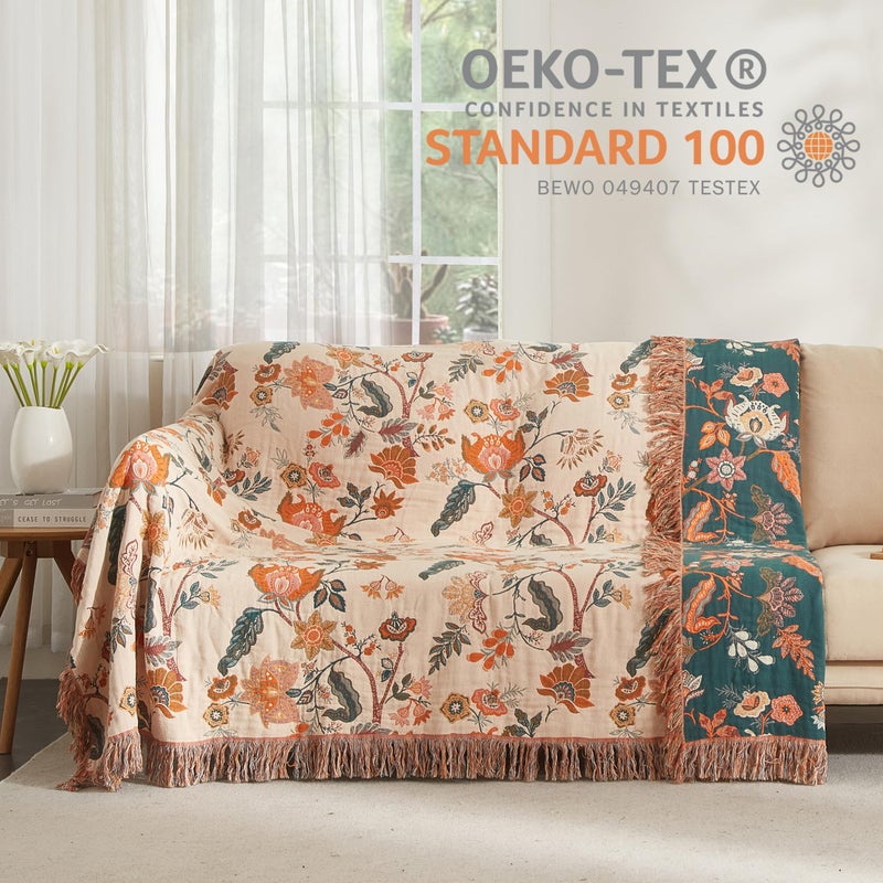 SE SOFTEXLY Boho Throw Blanket for Bed 60â€x80â€, 100% Cotton Woven Blanket for Couch Sofa, Ultra Soft 4-Layer Muslin Quilt with Floral Printed, Farmhouse Bed Blanket/Cover for Living Room Decor - Image 4