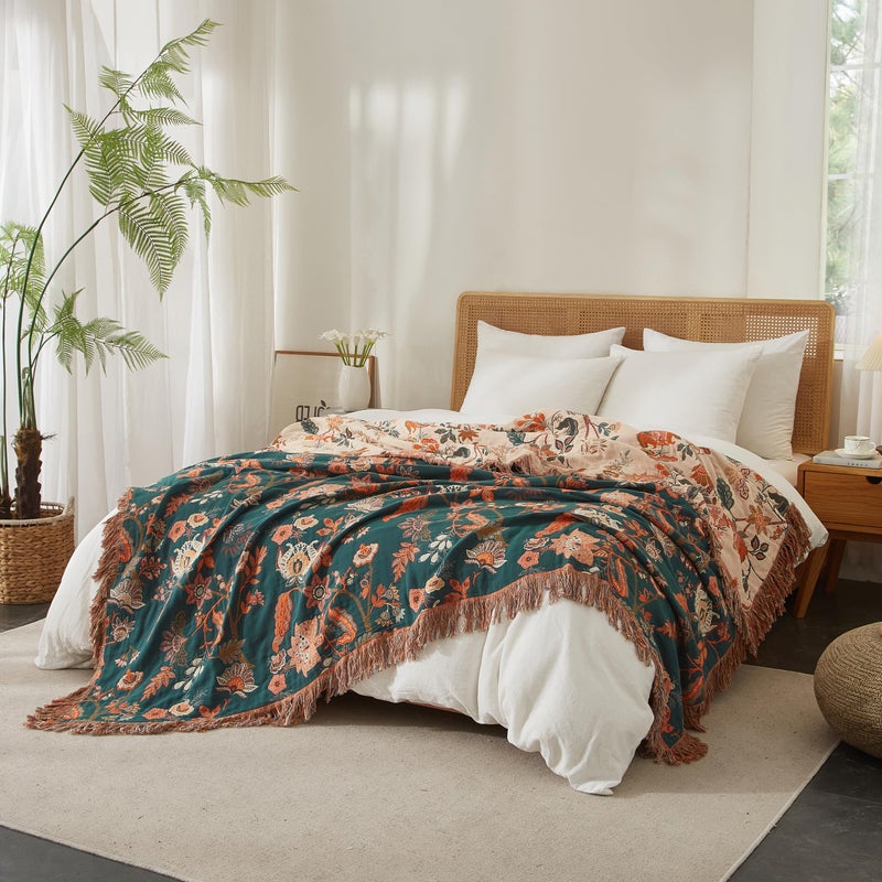 SE SOFTEXLY Boho Throw Blanket for Bed 60â€x80â€, 100% Cotton Woven Blanket for Couch Sofa, Ultra Soft 4-Layer Muslin Quilt with Floral Printed, Farmhouse Bed Blanket/Cover for Living Room Decor - Image 3