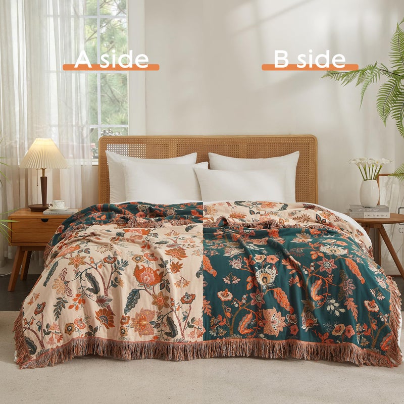 SE SOFTEXLY Boho Throw Blanket for Bed 60â€x80â€, 100% Cotton Woven Blanket for Couch Sofa, Ultra Soft 4-Layer Muslin Quilt with Floral Printed, Farmhouse Bed Blanket/Cover for Living Room Decor - Image 2