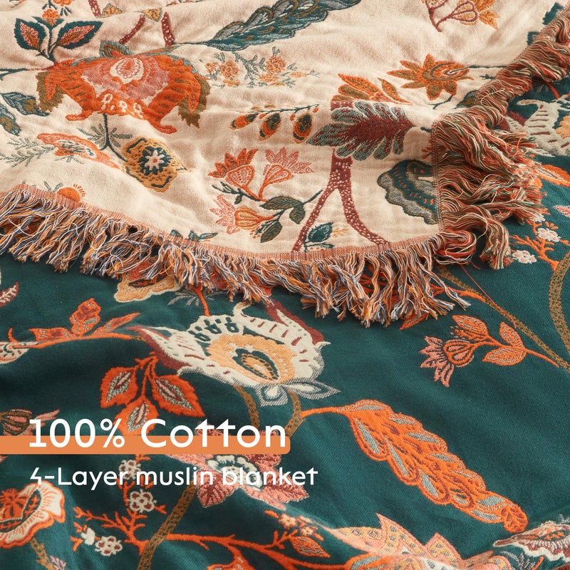 SE SOFTEXLY Boho Throw Blanket for Bed 60â€x80â€, 100% Cotton Woven Blanket for Couch Sofa, Ultra Soft 4-Layer Muslin Quilt with Floral Printed, Farmhouse Bed Blanket/Cover for Living Room Decor - Image 5
