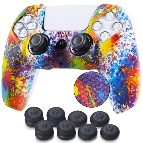 YoRHa Studded Printing Silicone Cover Skin Case for PS5 Controller x 1(Splashing Paint) with Pro Thumb Grips x 10 - Image 1