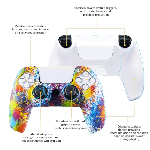 YoRHa Studded Printing Silicone Cover Skin Case for PS5 Controller x 1(Splashing Paint) with Pro Thumb Grips x 10 - Image 2