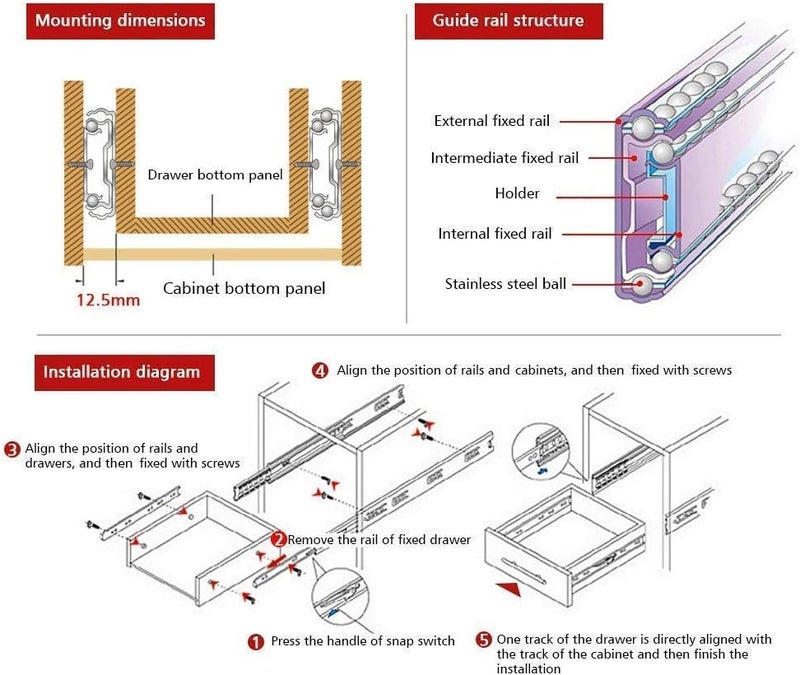 URBEST Drawer Slides, 10 Inch Full Extension 3 Section Ball Bearing Side Mounted Drawer Slider for Cabinet Kitchen (10-Inch) - Image 4