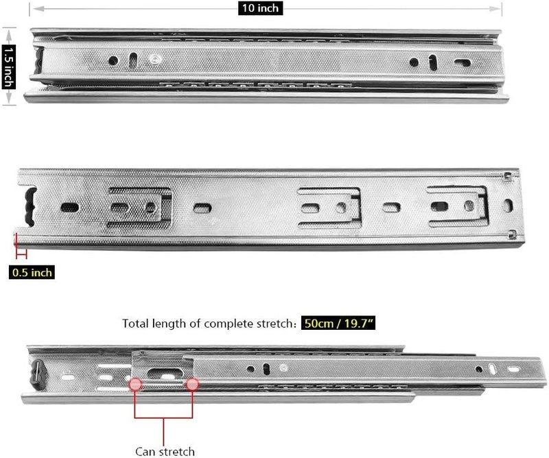 URBEST Drawer Slides, 10 Inch Full Extension 3 Section Ball Bearing Side Mounted Drawer Slider for Cabinet Kitchen (10-Inch) - Image 2
