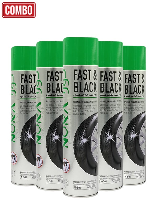 Nora Combo - 5pcs Nora Fast & Black Tyre Shine Spray 650ml High Gloss Tire Dressing for Instant Shine, Protection and Long-Lasting Black Finish for Car & Bike Tyres - N-501 - Image 1