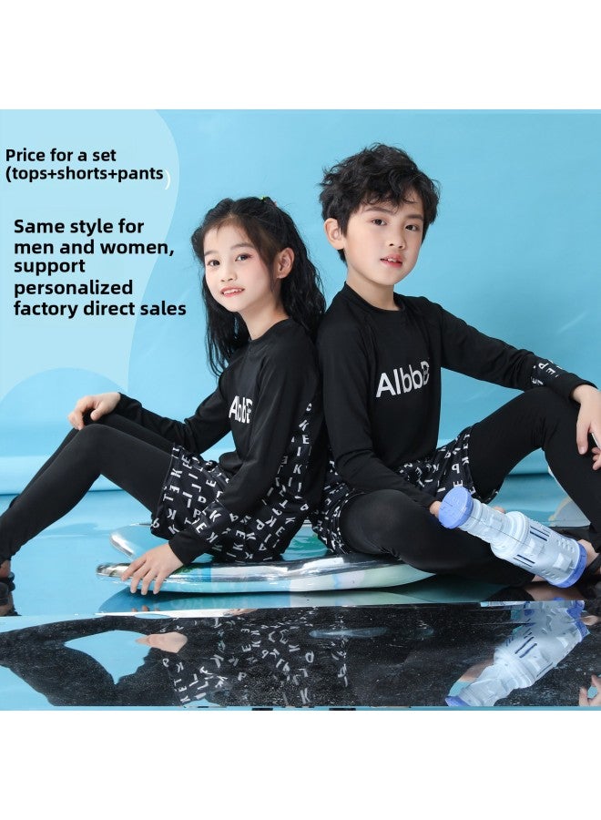 Loquat Children's Swimwear Boys Long Sleeve Sunscreen Quick-drying Swimming Suit Girls Baby Diving Suit Parent-child Surf Suit Wholesale-Color:Letter Three-piece Set- - Image 1