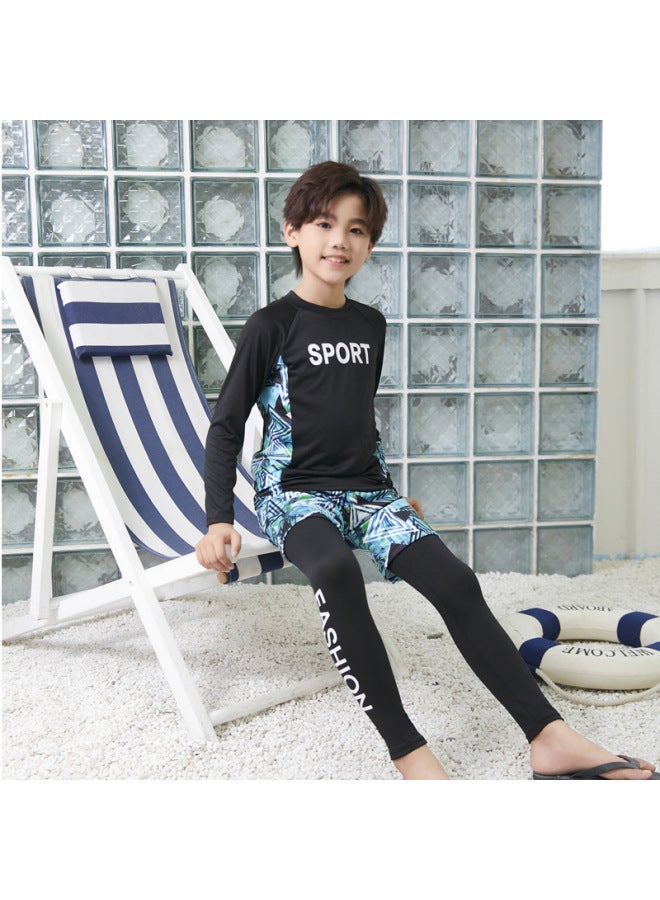 Loquat Children's Swimwear Boys Long Sleeve Sunscreen Quick-drying Swimming Suit Girls Baby Diving Suit Parent-child Surf Suit Wholesale-Color:Letter Three-piece Set- - Image 3