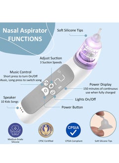 TDOO Nasal Aspirator For Baby, Electric Nose Aspirator For Toddler With 3 Food Grade Silicone Tips, Adjustable 3 Levels Suction Rechargeable Nose Aspirator, Music & Light, Automatic Mucus Nose Cleaner  - Image 2