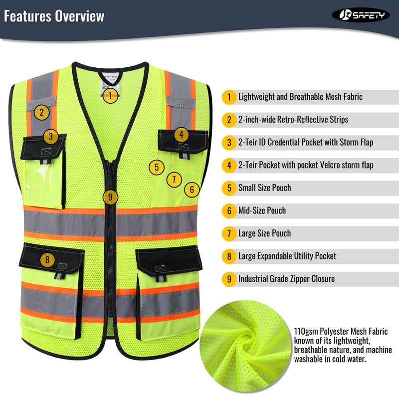 JKSafety سترات السلامة العاكسة عالية الوضوح للرجال والنساء مع جيوب - سترة شبكية للسلامة (220-أصفر L) - Image 4