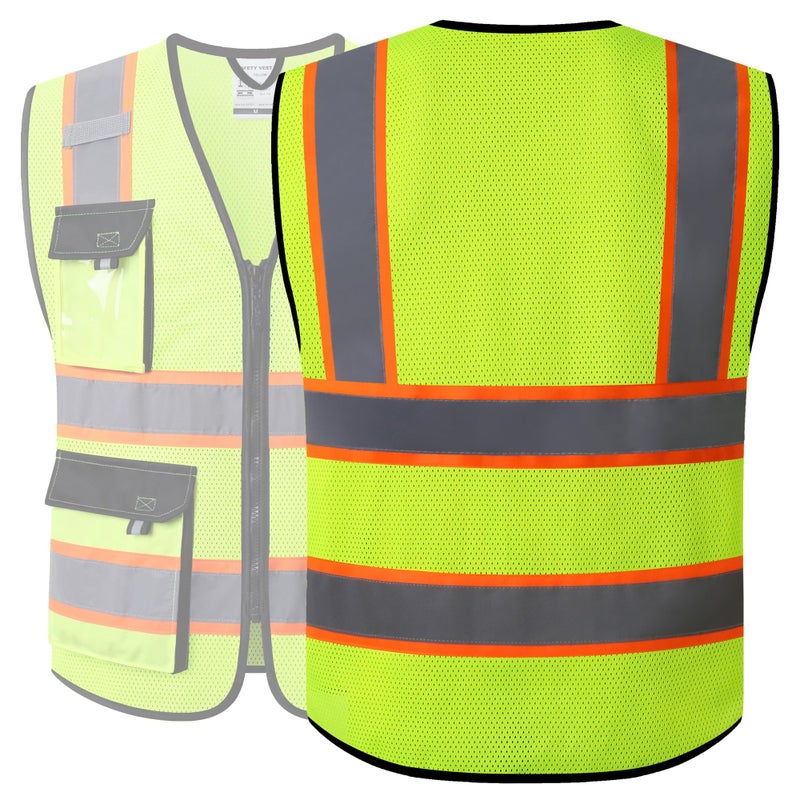 JKSafety سترات السلامة العاكسة عالية الوضوح للرجال والنساء مع جيوب - سترة شبكية للسلامة (220-أصفر L) - Image 5