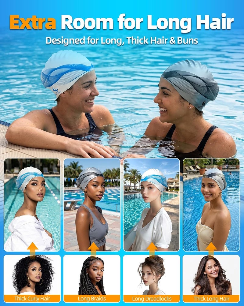Benice 2 Pack Silicone Extra Large Swim Cap for Long Hair, Swimming Caps for Adult Women Men - Image 2
