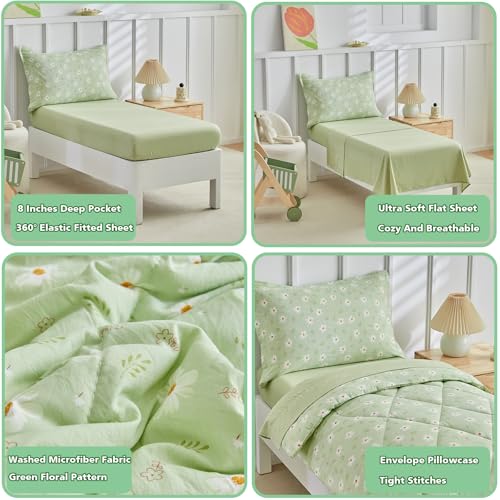 DuShow Green Floral Toddler Bedding Set,4 Pieces Toddler Crib Bed Sheet Set for Girls and Boys,Soft Toddler Comforter Set Includes Comforter,Flat Sheet,Fitted Sheet,Pillowcase - Image 4