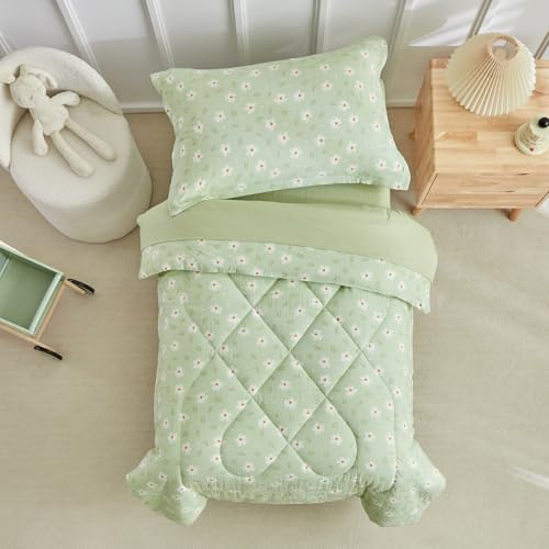 DuShow Green Floral Toddler Bedding Set,4 Pieces Toddler Crib Bed Sheet Set for Girls and Boys,Soft Toddler Comforter Set Includes Comforter,Flat Sheet,Fitted Sheet,Pillowcase - Image 5