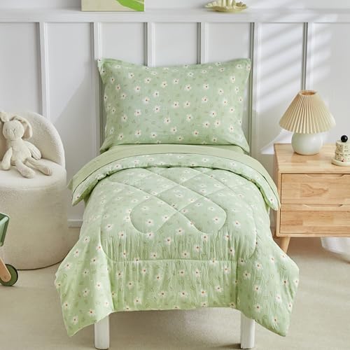 DuShow Green Floral Toddler Bedding Set,4 Pieces Toddler Crib Bed Sheet Set for Girls and Boys,Soft Toddler Comforter Set Includes Comforter,Flat Sheet,Fitted Sheet,Pillowcase - Image 1
