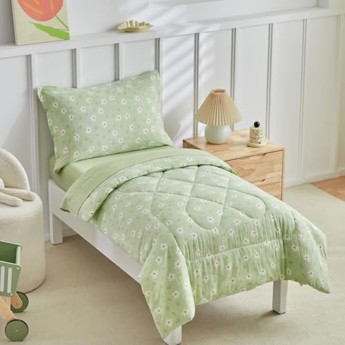 DuShow Green Floral Toddler Bedding Set,4 Pieces Toddler Crib Bed Sheet Set for Girls and Boys,Soft Toddler Comforter Set Includes Comforter,Flat Sheet,Fitted Sheet,Pillowcase - Image 2