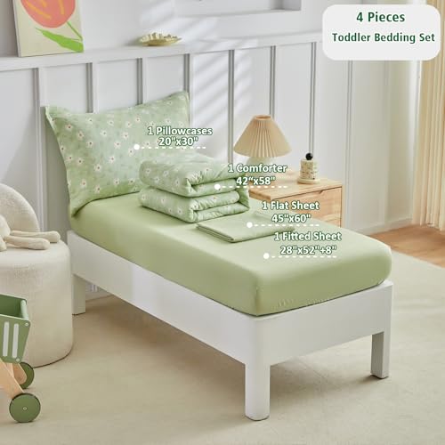DuShow Green Floral Toddler Bedding Set,4 Pieces Toddler Crib Bed Sheet Set for Girls and Boys,Soft Toddler Comforter Set Includes Comforter,Flat Sheet,Fitted Sheet,Pillowcase - Image 3