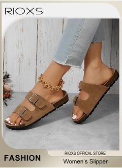 RIOXS Women's Flat Sandals, Lane Cork Footbed Sandals, Comfort Adjustable Slides Slippers Shoes, Platform Suede Sandals For Women, Open Toe Slides Slip On Slippers With Buckle, For Indoor And Outdoor Use  - Image 3
