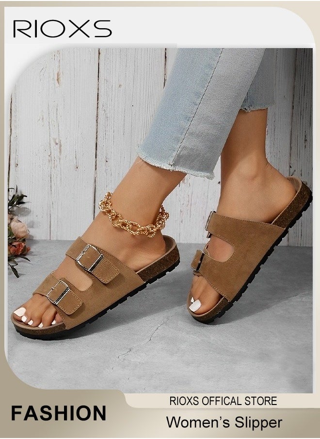 RIOXS Women's Flat Sandals, Lane Cork Footbed Sandals, Comfort Adjustable Slides Slippers Shoes, Platform Suede Sandals For Women, Open Toe Slides Slip On Slippers With Buckle, For Indoor And Outdoor Use  - Image 3