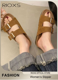 RIOXS Women's Flat Sandals, Lane Cork Footbed Sandals, Comfort Adjustable Slides Slippers Shoes, Platform Suede Sandals For Women, Open Toe Slides Slip On Slippers With Buckle, For Indoor And Outdoor Use  - Image 1