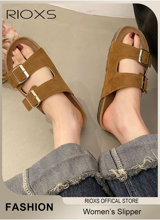 RIOXS Women's Flat Sandals, Lane Cork Footbed Sandals, Comfort Adjustable Slides Slippers Shoes, Platform Suede Sandals For Women, Open Toe Slides Slip On Slippers With Buckle, For Indoor And Outdoor Use  - Image 1