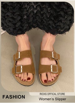 RIOXS Women's Flat Sandals, Lane Cork Footbed Sandals, Comfort Adjustable Slides Slippers Shoes, Platform Suede Sandals For Women, Open Toe Slides Slip On Slippers With Buckle, For Indoor And Outdoor Use  - Image 2