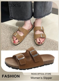 RIOXS Women's Flat Sandals, Lane Cork Footbed Sandals, Comfort Adjustable Slides Slippers Shoes, Platform Suede Sandals For Women, Open Toe Slides Slip On Slippers With Buckle, For Indoor And Outdoor Use  - Image 4