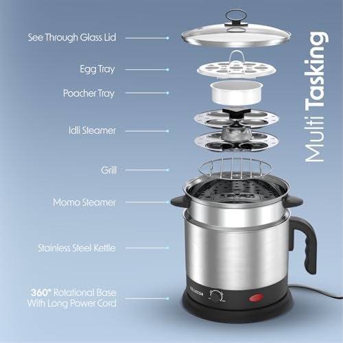 Cellecor Multi-Cook Kettle CMK13 Magic Chef With Steamer, Egg Tray, Idli Stand, Poacher Tray, Steel Tray, Multi Cooker Electric Kettle (1.3 L, Black) - Image 3