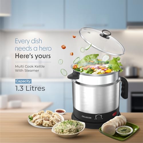 Cellecor Multi-Cook Kettle CMK13 Magic Chef With Steamer, Egg Tray, Idli Stand, Poacher Tray, Steel Tray, Multi Cooker Electric Kettle (1.3 L, Black) - Image 2
