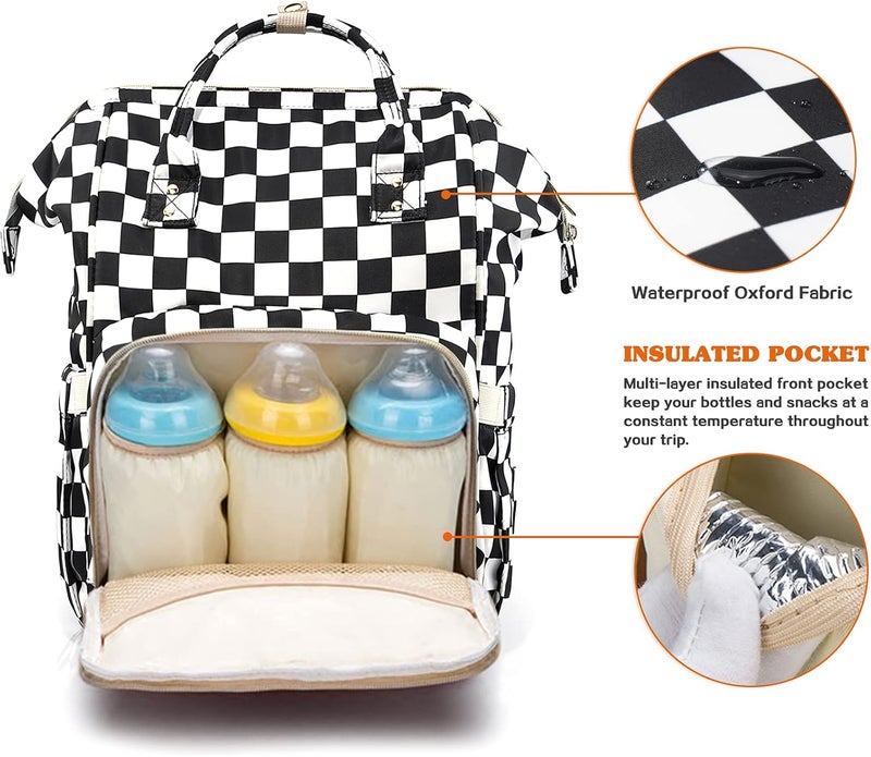 LIMHOO 3 in 1 Diaper Bag Backpack Multifunction Large Baby Bags with Changing Pad  Stroller Straps Waterproof Nappy Bag for Mom Baby Care Checkered - Image 4