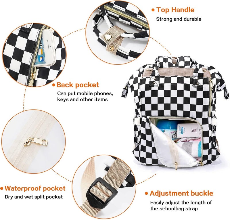 LIMHOO 3 in 1 Diaper Bag Backpack Multifunction Large Baby Bags with Changing Pad  Stroller Straps Waterproof Nappy Bag for Mom Baby Care Checkered - Image 5