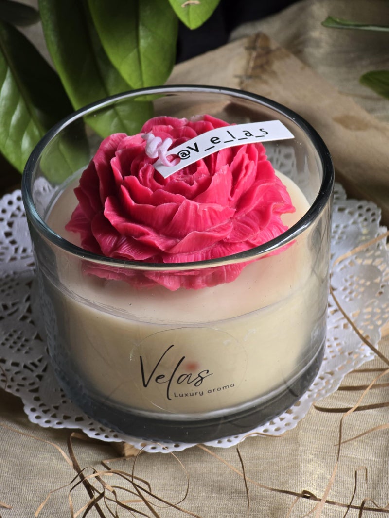 Velas Hand Crafted Peony Flower in Glass Soy Wax Scented Candle | White Rose Scent | Aesthetic Home Decor Lighting | Gifting | Pack of 1 - Image 5