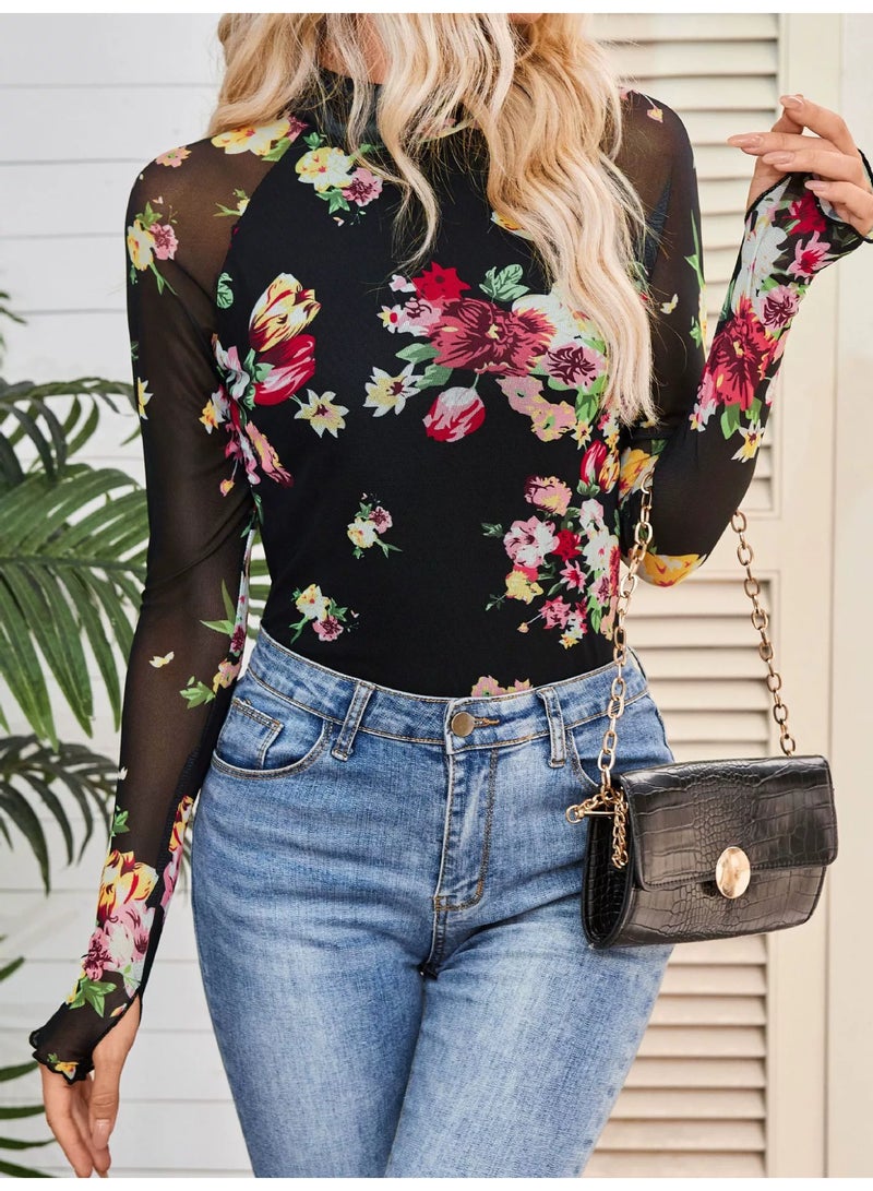 general Dealmore Lace Sheer Long Sleeve Floral Mesh Mockneck Trendy Cute Going Out Tops for Women Fall Fashion Outfits 2025-2026 Clothes - Image 1