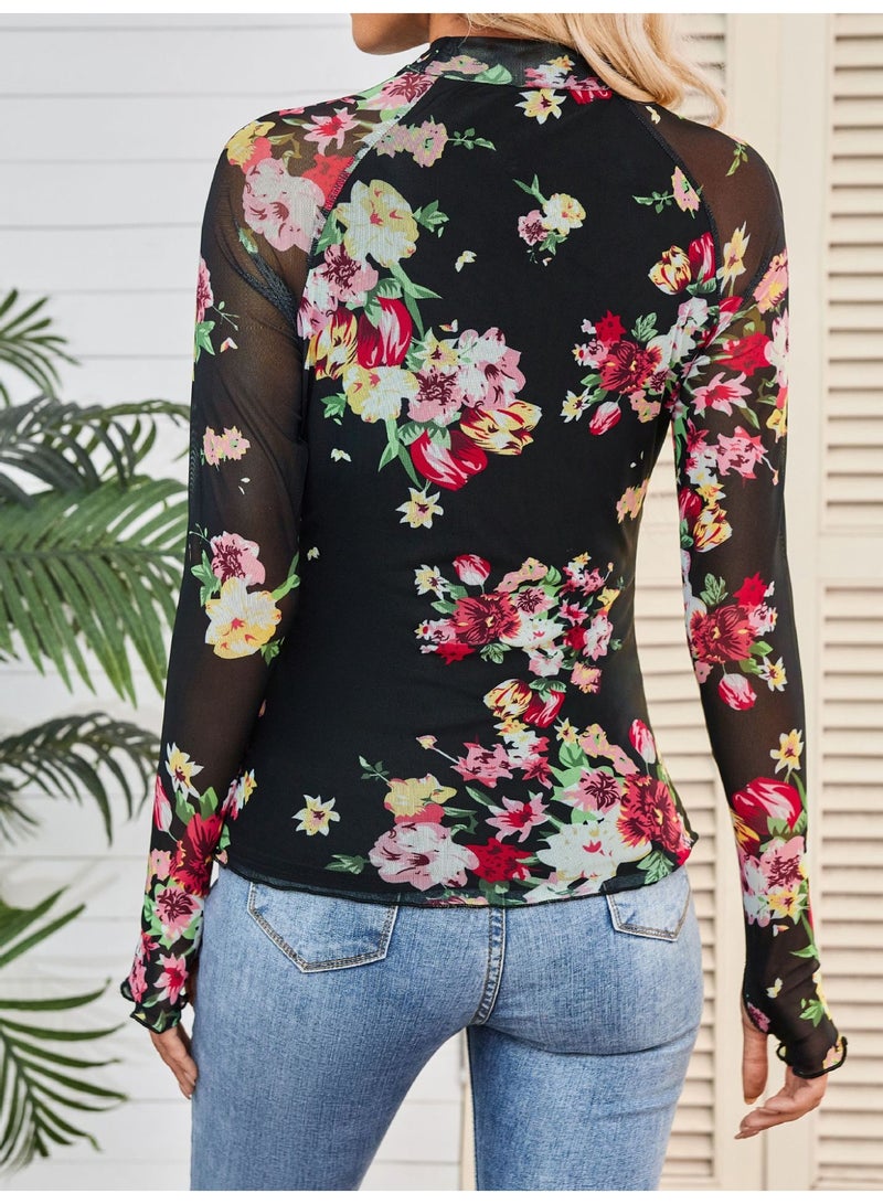 general Dealmore Lace Sheer Long Sleeve Floral Mesh Mockneck Trendy Cute Going Out Tops for Women Fall Fashion Outfits 2025-2026 Clothes - Image 2