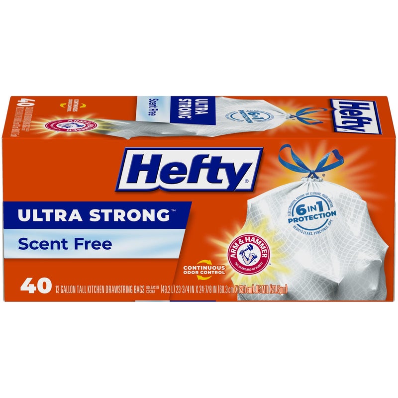 Hefty Ultra Strong 13 Gallon Trash Bags, Tall Kitchen Trash Bags 13 Gallon Size, Drawstring Closure, Continuous Odor Control, White, Unscented, 40 Bags - Image 1