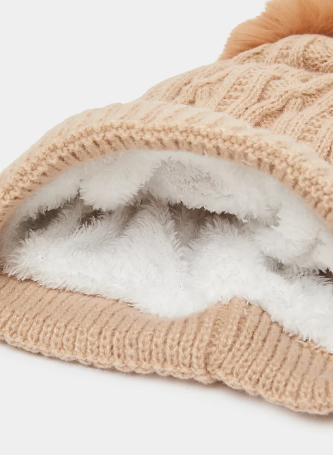 Styli  Khaki Cable Knit Beanie with Faux Fur Pompom for Women | Best Price UAE