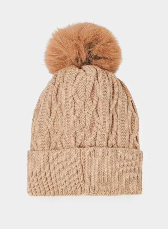 Styli  Khaki Cable Knit Beanie with Faux Fur Pompom for Women | Best Price UAE