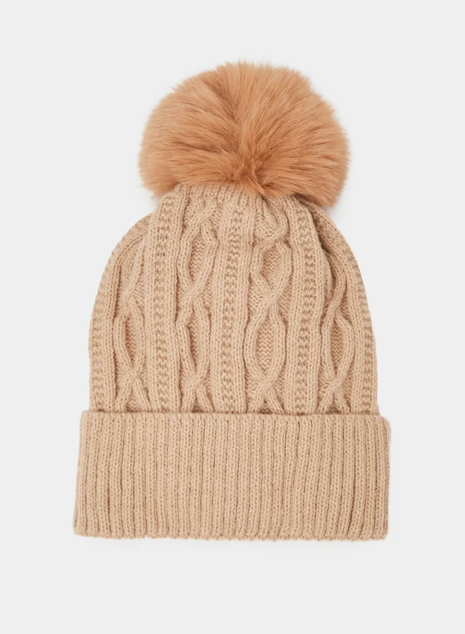 Khaki Cable Knit Beanie with Faux Fur Pompom