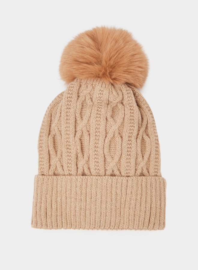 Styli Khaki Cable Knit Beanie with Faux Fur Pompom - Image 1